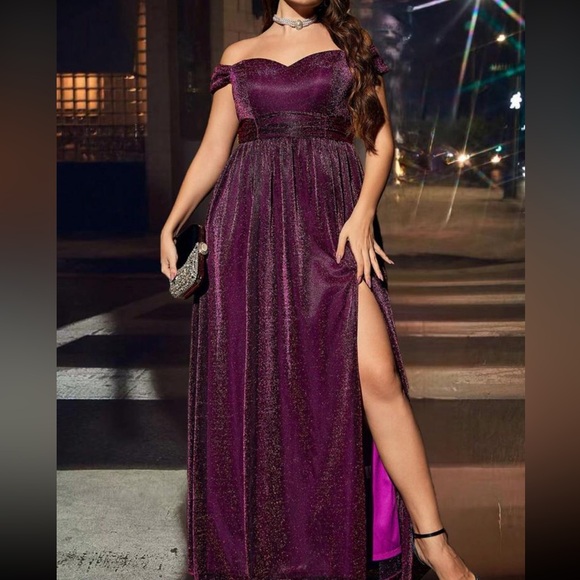 Luxe purple off shoulder glitter party formal evening gown dress - Picture 2 of 11